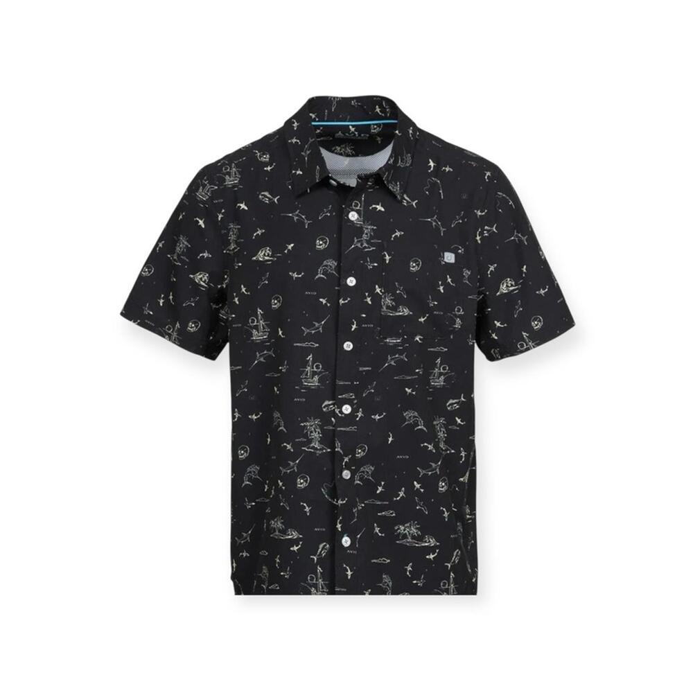 AVID ☻︎ Performance Short Sleeve UPF 50 Fishing Shirt ☻︎ Black ☻︎ Skulls ☻︎ 2XL